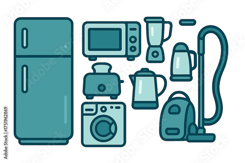 Essential household appliances set: refrigerator, microwave, washing machine, vacuum cleaner