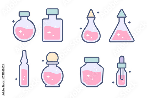 Collection of stylized cosmetic and chemical containers filled with glowing pink liquid and sparkles