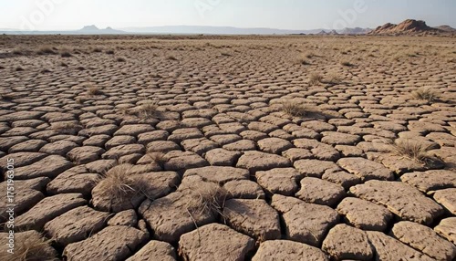 Stark desert landscape revealing severe environmental transformation, featuring hexagonal ground fractures, minimal vegetation, distant mountain silhouette under washed-out sky