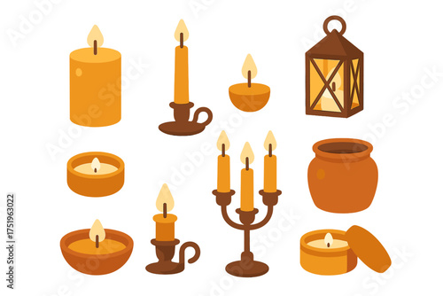 Collection of burning candles, holders, candelabra, lantern, and clay pot