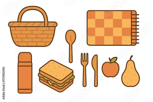Essential items collection for a pleasant outdoor picnic with food and serving ware