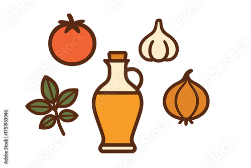Olive oil, tomato, garlic, onion, and fresh basil leaves, essential cooking ingredients