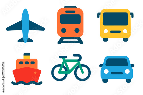 Colorful set of six transportation icons for air rail road and sea travel modes