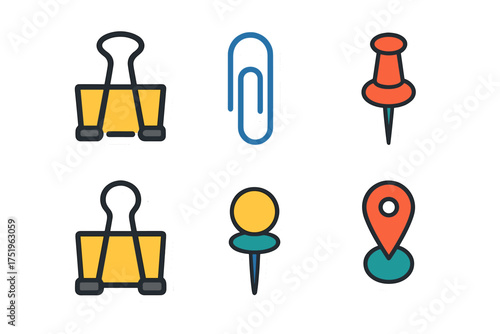 Colorful office stationery essentials and map location icons in modern sticker style