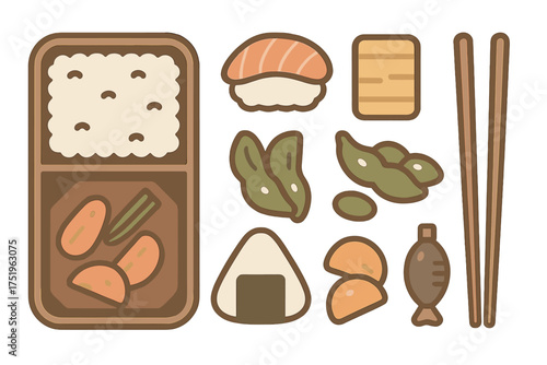 Japanese bento box lunch components set with sushi onigiri edamame and chopsticks