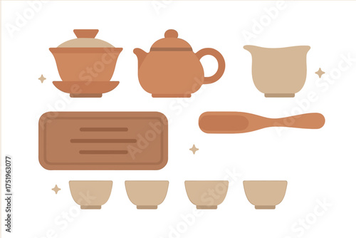Traditional Chinese Gongfu tea ceremony set with teapot, gaiwan, cups, tray, and scoop in terracotta colors