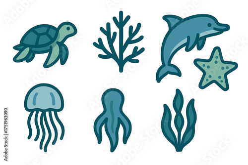 Stylized set of ocean creatures and underwater plants including dolphin and sea turtle
