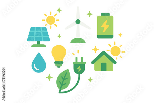 Sustainable energy and ecology icons featuring solar power, wind turbine, battery, and green home