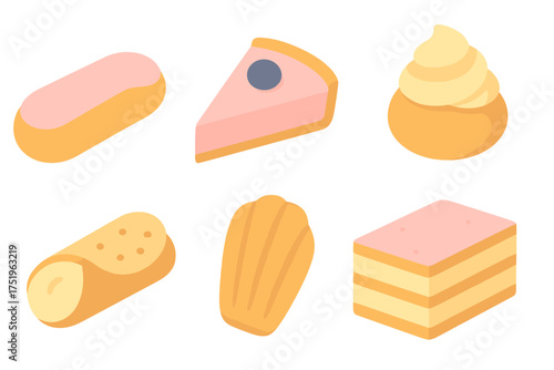 Assortment of six popular sweet desserts and pastries including cheesecake slice eclair cannoli and madeleine