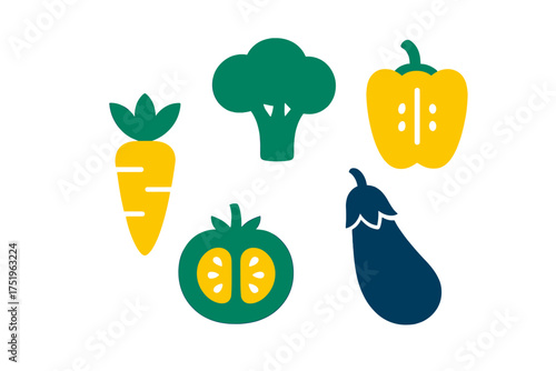 Fresh organic produce set featuring carrot broccoli pepper tomato and eggplant