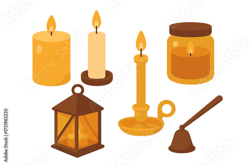 Collection of glowing wax candles, candlestick, glass jar, decorative lantern, and snuffer tool