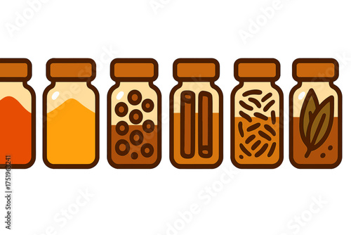 Collection of six stylized jars filled with various cooking spices and flavorings on white