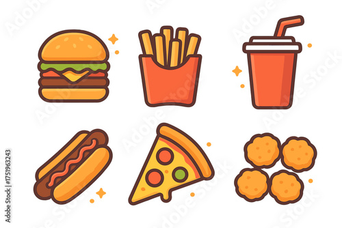 Collection of popular fast food icons including hamburger french fries soda hot dog pizza and nuggets