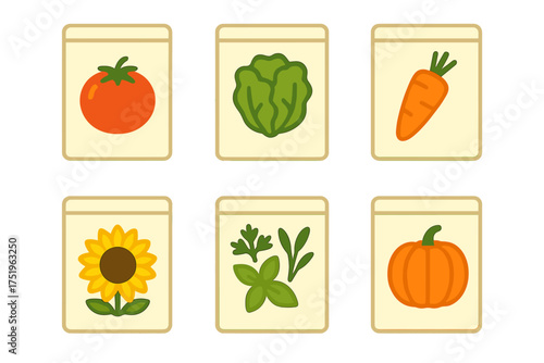 Collection of colorful seed packets for planting vegetables, herbs, and flowers