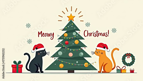 Two cute cats, one black and one orange, wearing santa hats sit on either side of a decorated christmas tree with presents and a wreath, wishing a meowy christmas