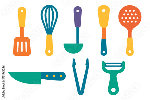 Colorful collection of essential kitchen utensils and cooking tools set on a white background