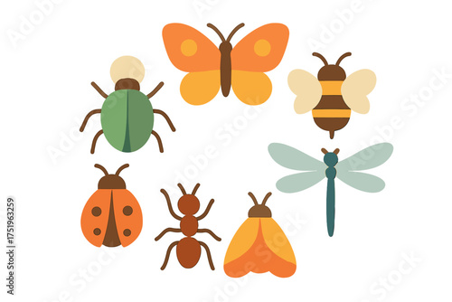 Assortment of colorful stylized flying and crawling garden insects and bugs