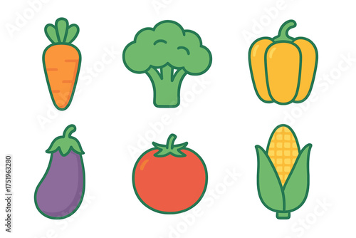 Set of fresh healthy vegetables including carrot, broccoli, bell pepper, eggplant, tomato, and corn