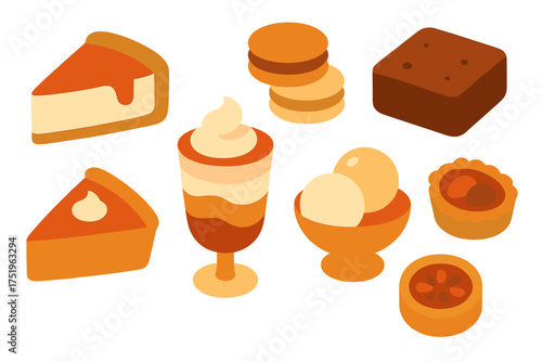 Autumn dessert collection featuring pumpkin pie, cheesecake, ice cream, and brownies