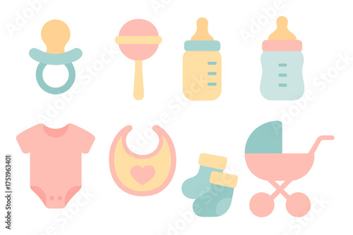 Pastel collection of newborn baby essentials including clothing, feeding bottles, and toys