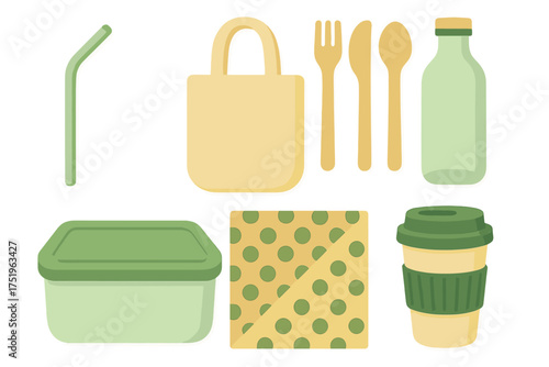 Sustainable zero waste products collection featuring reusable coffee cup, tote bag, cutlery, straw, and food containers