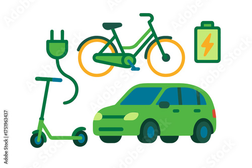 Set of electric car, scooter, and bicycle icons representing sustainable urban mobility and green energy