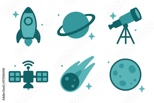 Set of astronomy and space exploration symbols: rocket, planet, telescope, satellite, comet, and moon