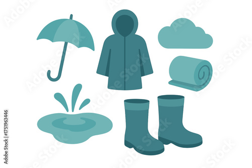 Set of rainy day essentials including umbrella, raincoat, boots, and water puddle