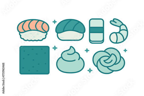 Stylized Japanese food elements including sushi, shrimp, wasabi, and ginger slices