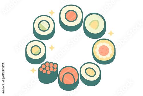 Colorful Japanese sushi rolls assortment arranged in a decorative circular pattern