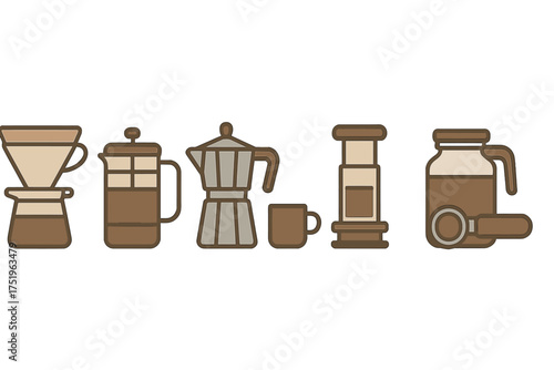 Set of various coffee brewing methods including French press Moka pot and pour over devices
