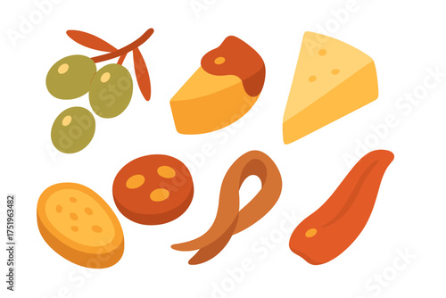 Collection of various appetizer ingredients including olives, cheese, salami, and prosciutto slices