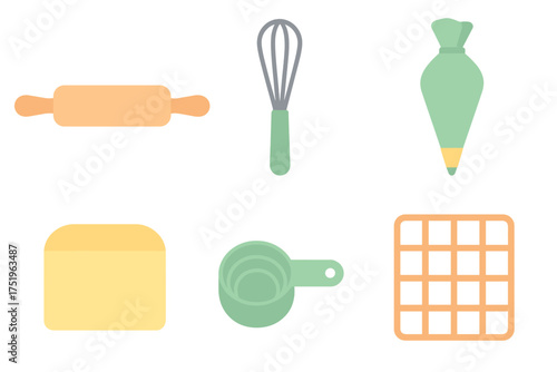 Essential baking equipment: rolling pin, wire whisk, measuring cups, and piping bag