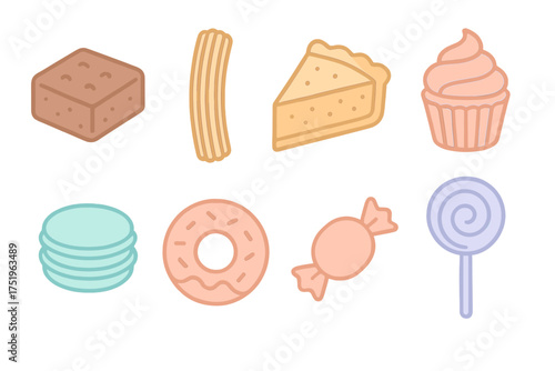 Collection of popular sweet desserts and baked goods including brownie, churro, pie, cupcake, donut, and lollipop