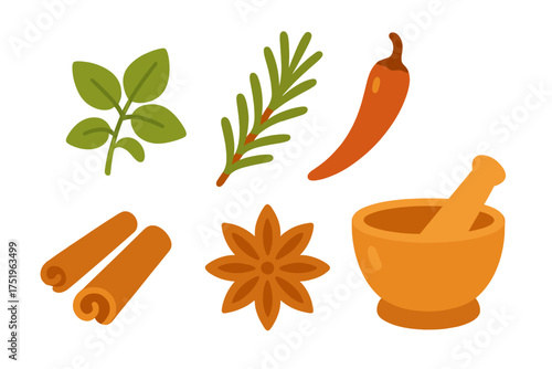 Essential cooking ingredients and flavorings including basil rosemary chili cinnamon and star anise
