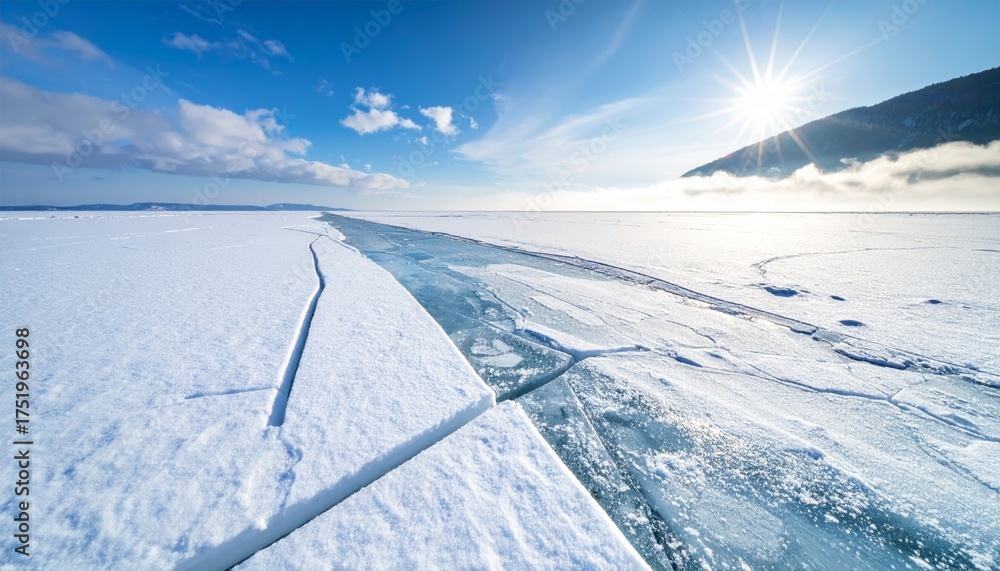 Fototapeta premium Blue ice and cracks on the surface of the ice. Frozen lake under a blue sky in the winter