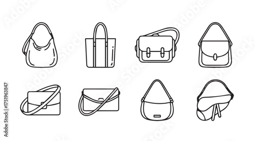 Collection of various handbag styles fashion accessories design elements isolated sketch collection vector