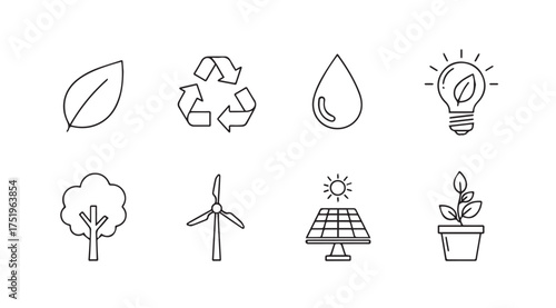Hand drawn icons representing ecology sustainability renewable energy and nature symbols vector