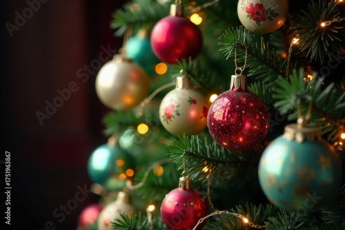 Nostalgic Christmas Decorations A vintage Christmas tree decorated with antique glass ornaments, tinsel, and warm, twinkling incandescent fairy lights. The scene should evoke a nostalgic and cozy