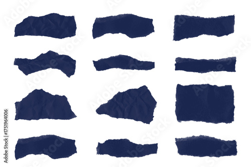Torn navy blue paper pieces set isolated on transparent background, ripped edges paper collage texture, scrap paper collection for design and decoration projects