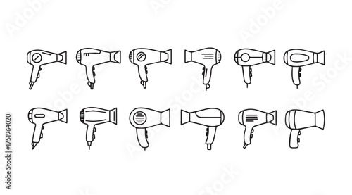 Collection of various hair dryers hand drawn style representing different designs and models vector