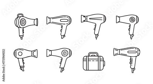 Collection of diverse hand drawn hair dryer icons and a beauty case for styling vector