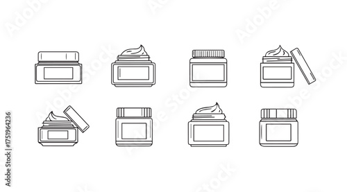 Set of skincare cream jar icons minimalist line art for beauty and cosmetics branding vector