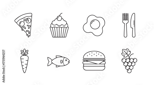 Set of hand drawn food icons featuring pizza cupcake fried egg utensils carrot fish burger grapes vector