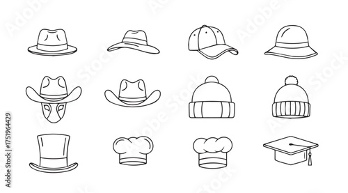 Collection of hand drawn sketch style hats and headwear accessories for fashion and costume design vector