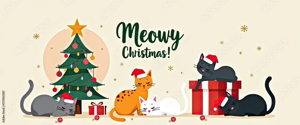 Fototapeta premium Cute cats wearing santa hats celebrate christmas with a decorated tree and presents, wishing everyone a meowy christmas in a festive illustration