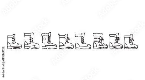 Collection of winter boots lined up snow boots footwear designs set isolated vector