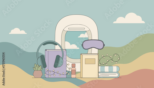 Travel essentials for a relaxing journey books music and peaceful sky views from an airplane