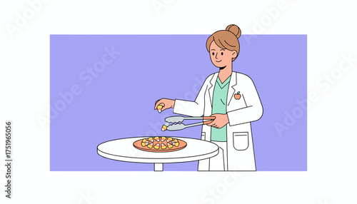 Nutritionist handles candy corn with tongs Concept of diet health and indulgence