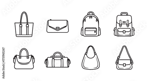 Diverse collection of handbag and backpack icon set for fashion and travel vector